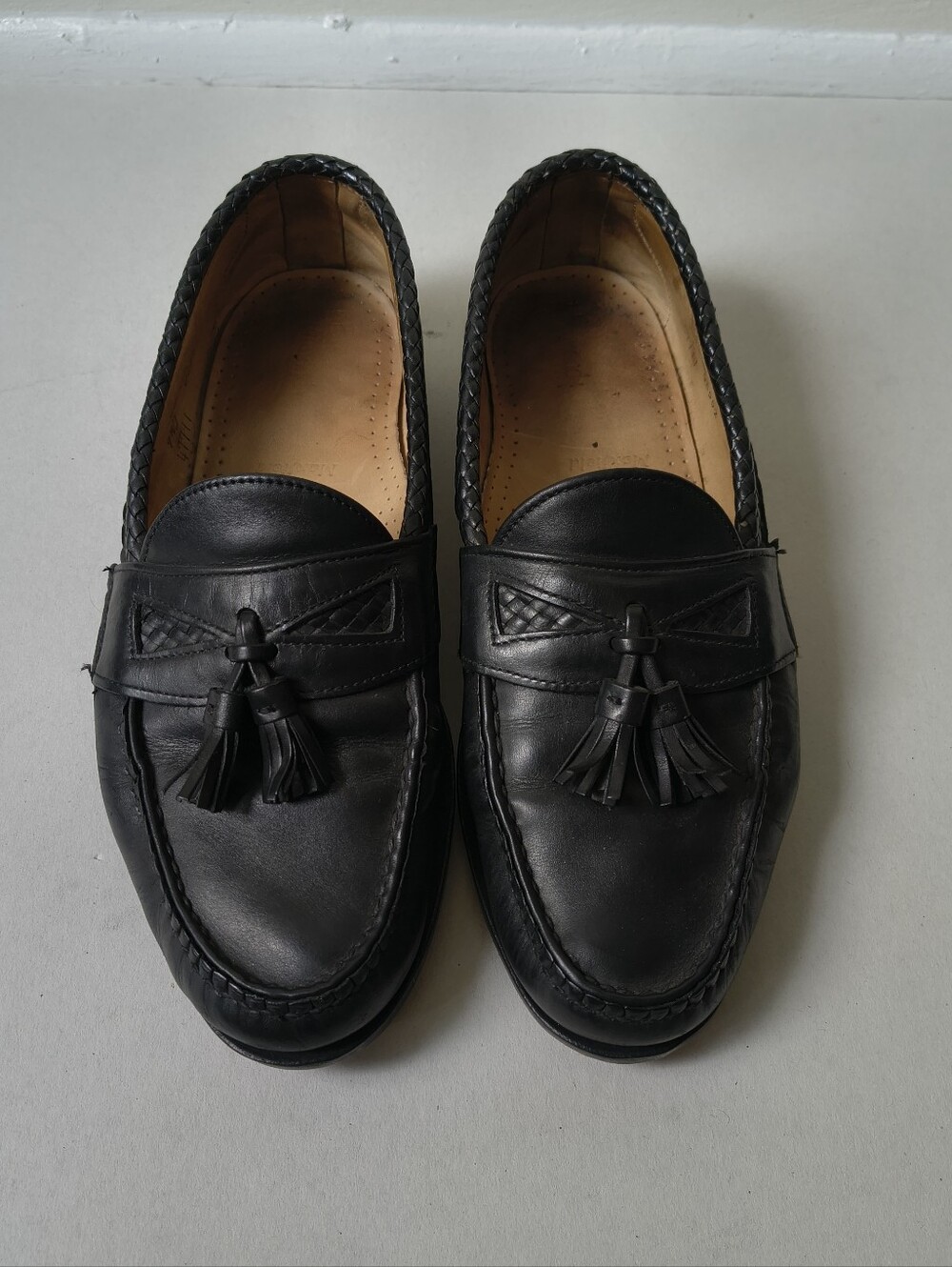 Allen Edmonds Maxfield Men's Black Leather Tassel Loafers Woven Trim 9.5 D